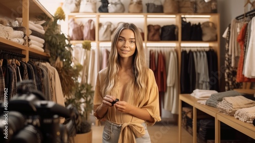 Female influencer vlogging in a clothing boutique photo