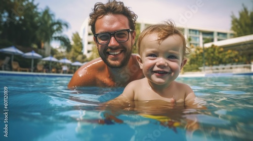 Portrait of a happy father and toddler son in swimming pool