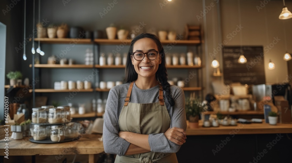 Hopeful female clothing store owner drinking tea