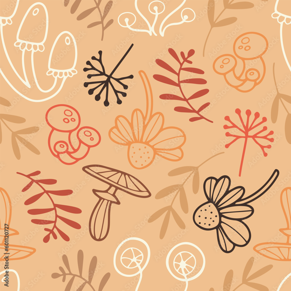 Hand drawn vector seamless pattern with wild mushrooms and flowers Hand drawn vector seamless pattern with wild mushrooms and flowers