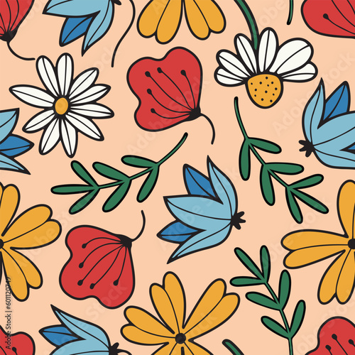 Hand drawn vector seamless pattern with spring and summer wild flowers