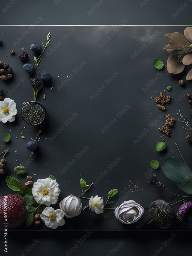 A black frame with flowers and leaves on it with a white flower on the ...