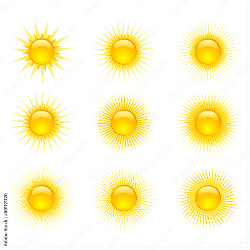 Sun icon set. Vector flat design. Collection of sun stars for use in as logo or weather icon. Sun icon set. Vector flat design. Collection of sun stars for use in as logo or weather icon.