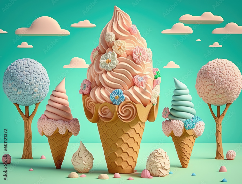 Ice cream. Ice cream land. Large soft ice cream. Fairy tale spring