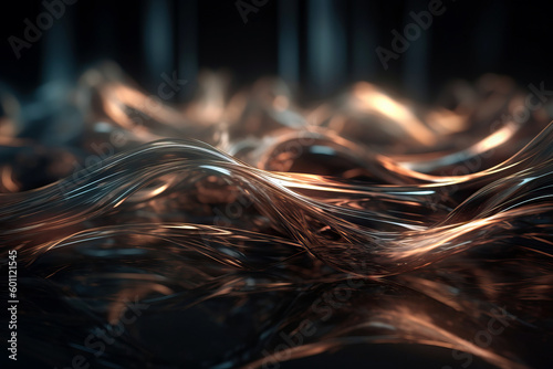 Closeup of abstract background of gold liquid in dark room with glowing garland in dark room at night photo