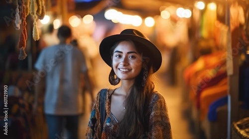 Happy Traveler Asian Woman in Shopping Street Night Market