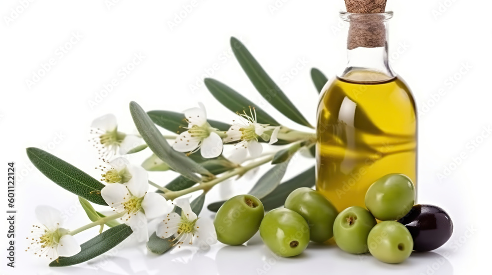 The Versatile Olive, A White Background with Olives, Olive Oil, and a Blossoming Olive Branch. Generative AI The Versatile Olive, A White Background with Olives, Olive Oil, and a Blossoming Olive Branch. Generative AI
