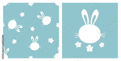 Seamless pattern with bunny rabbit cartoons and cute flower on blue mint background vector illustration.