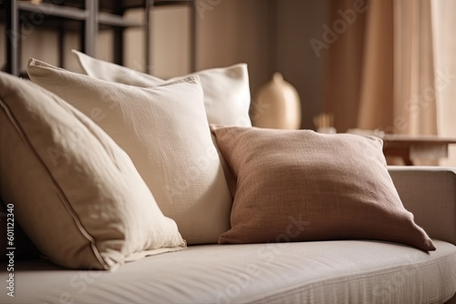 Pillows on beige sofa room decoration background. Close up light beige fabric sofa with warm cozy home interior background, created with Generative AI. © sommersby