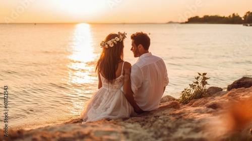 Romantic newlywed couple sitting on seashore