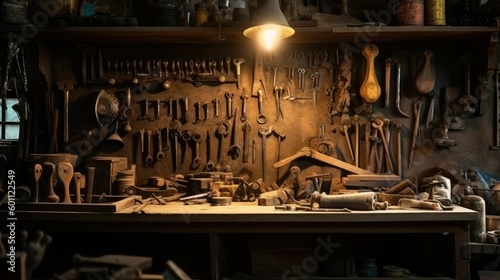 Old tools hanging on wall in workshop