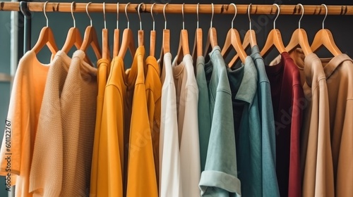 Row of different female clothes hanging on rack