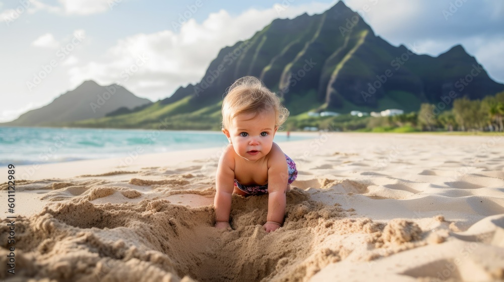 Baby crawling in the sand at the beach Baby crawling in the sand at the beach