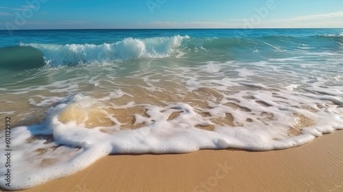 Sandy beach with soft waves and foam in the sea