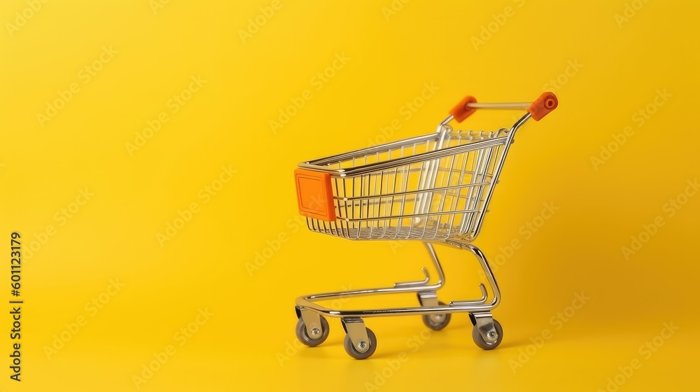 Shopping concept with shopping cart on yellow background