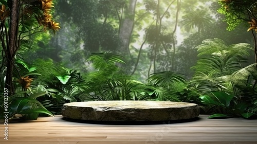 Stone platform in tropical forest for product presentation