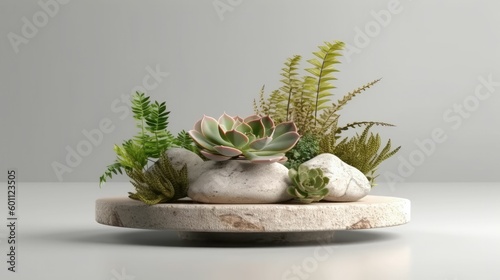 Cosmetic display stand on stone podium with leaves