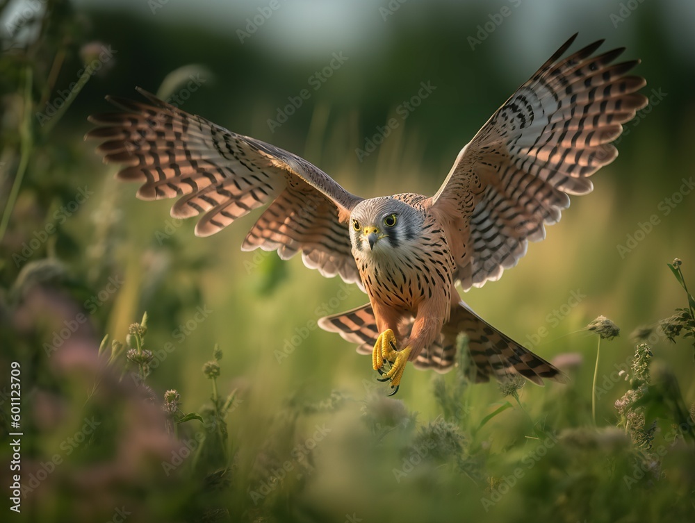 Fototapeta premium Kestrel's Hover: Master of the Wind Over the Meadows