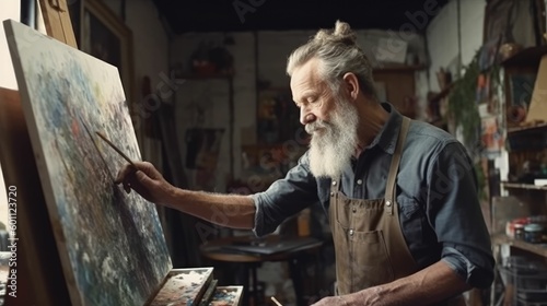 Mature man painting at easel with palette