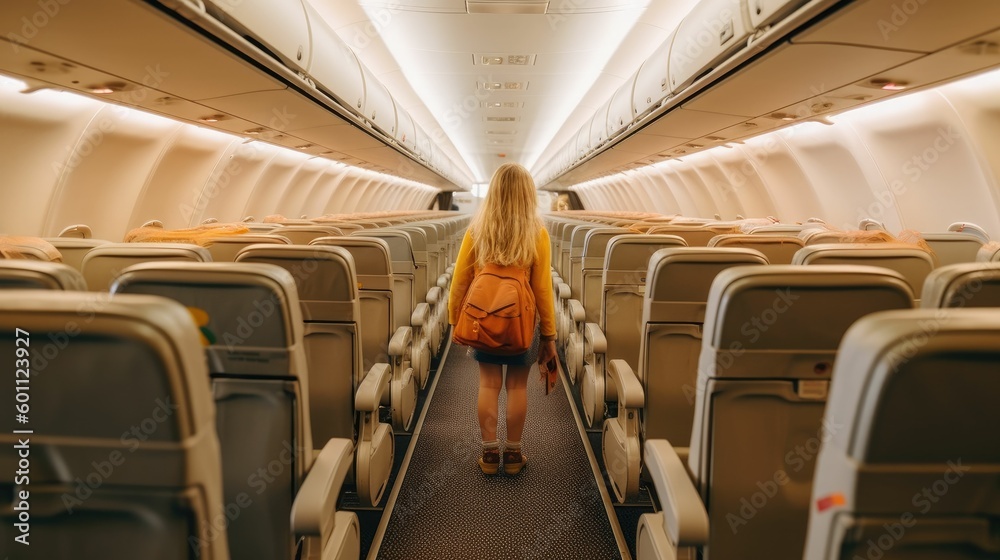 Rear view of a little girl standing in plane aisle