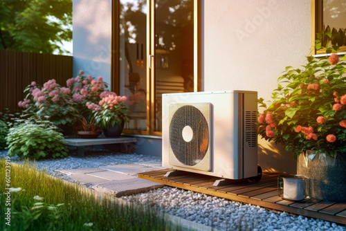 Modern house of the future with efficient heat pump. Modernes Haus der Zukunft mit effizienter Wärmepumpe. Generative AI