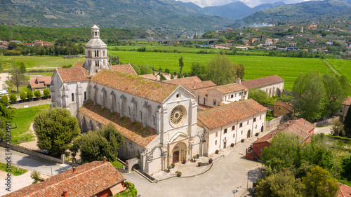 Aerial view of Fossanova Abbey located in Priverno, in the province of Latina, Italy. The church is a national monument and a perfect example of the transition from Romanesque to Italian Gothic. photo