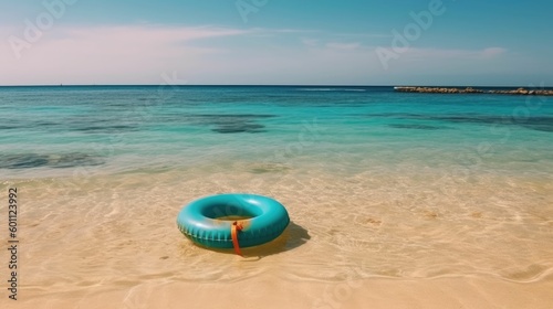 Summer vacation concept with inflatable ring, deckchair and sandals on beach