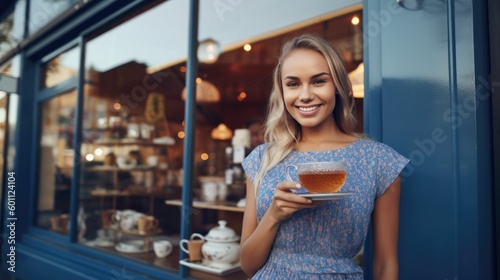 Confident female shop owner drinking tea outside boutique