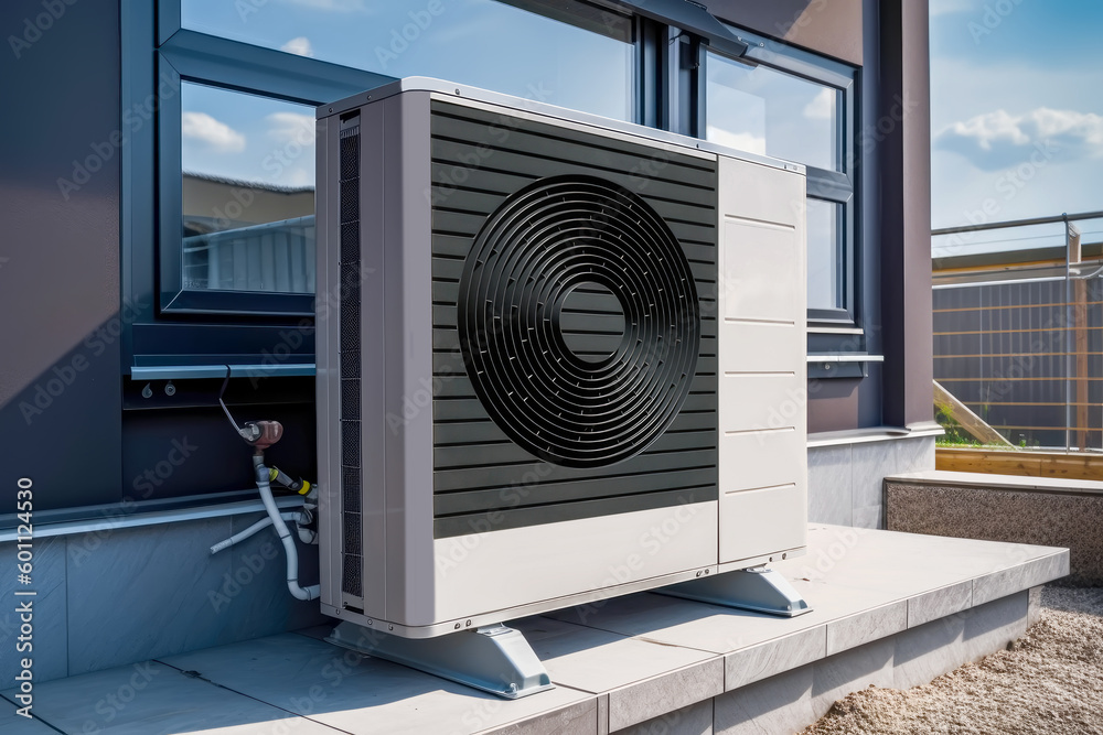 Heat pump, sustainable heating solution for modern homes. Environmentally Friendly Heat Pump Technology in Front of a Modern House. Generative AI