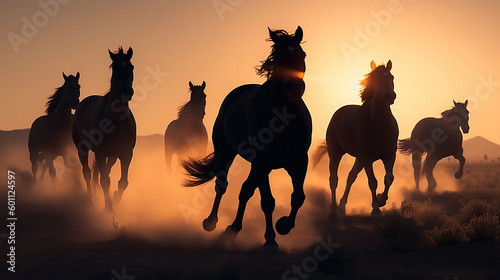 Wide - angle photo portrait silhouette of horses running on plains, the sun is setting, silhouette of running stallions, wild horses running, dusk and sunset, Generative AI