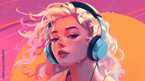A teenage girl is using headphones. In a relaxed and happy mood enjoying the music. 2D falt cartoon style close-up illustration from head to shoulder level.