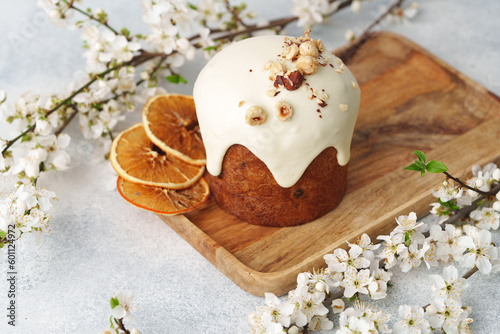 Traditional Easter cake with nuts on gray background