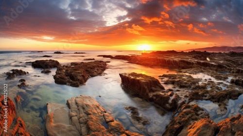 Beautiful sunrise on rocky shore with dramatic sky and clouds