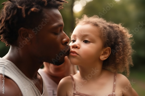 multiethnic man giving a kiss on the cheek to a little girl. Generative AI