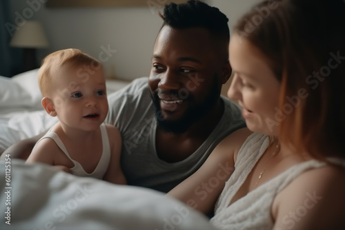 multiethnic family laying in bed with their newborn baby. Generative AI