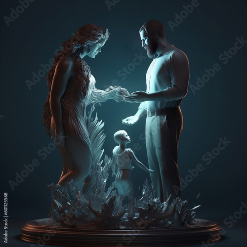 father and mother holding their kid's finger 
in Old-fashioned metal sclupture 
art form of 3d isometric dark light photo