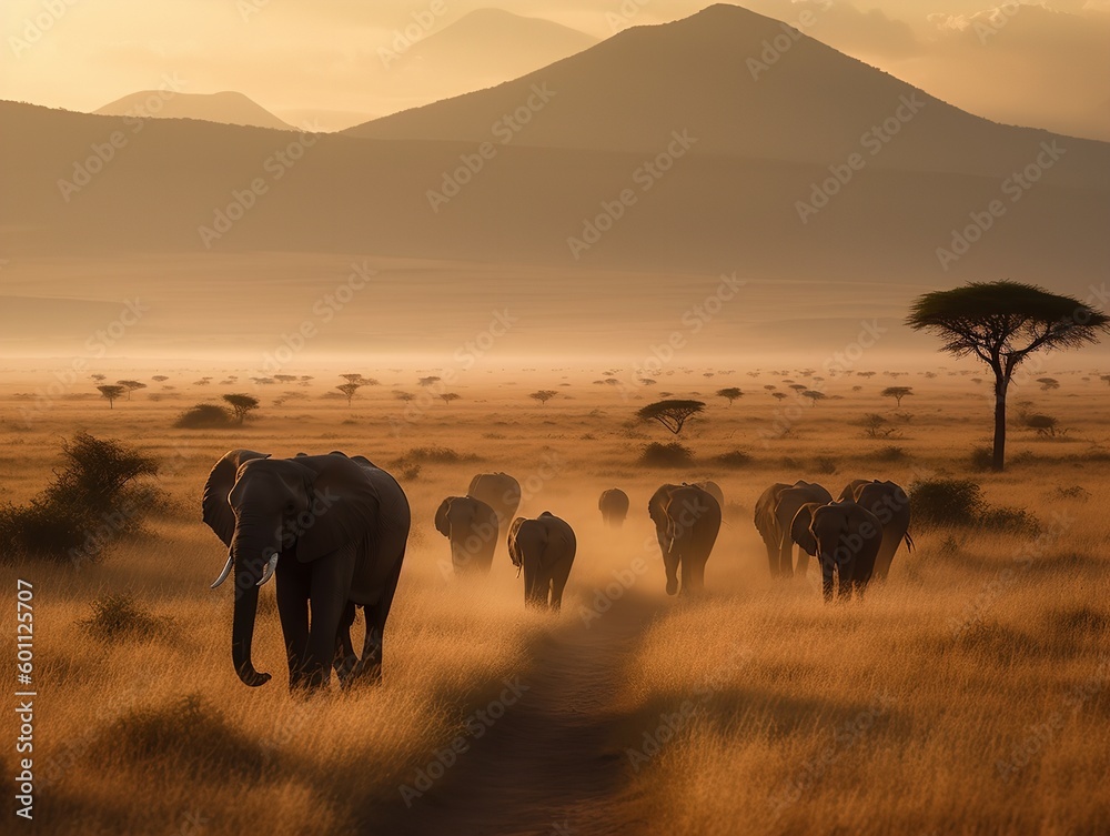 A Family of Elephants Crossing the Serengeti - obrazy, fototapety, plakaty 