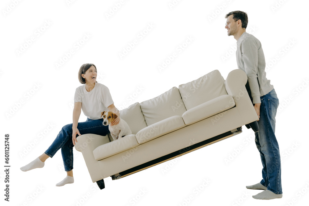 Fototapeta premium Couple furnishing first home, carrying sofa, playful woman with pet, in living room. Home renovation, real estate, family concept.