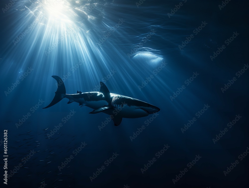 Fototapeta premium Great White Hunter: Stealth and Power Beneath the Waves
