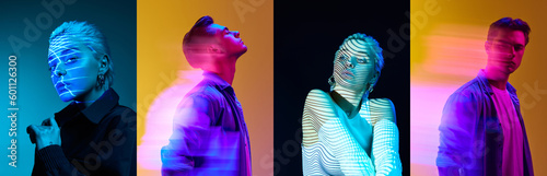 Collage. Portrait of young handsome guy and beautiful girl with holographic neon filter light reflection on body over multicolored background. Concept of art, modern style, futurism and creativity