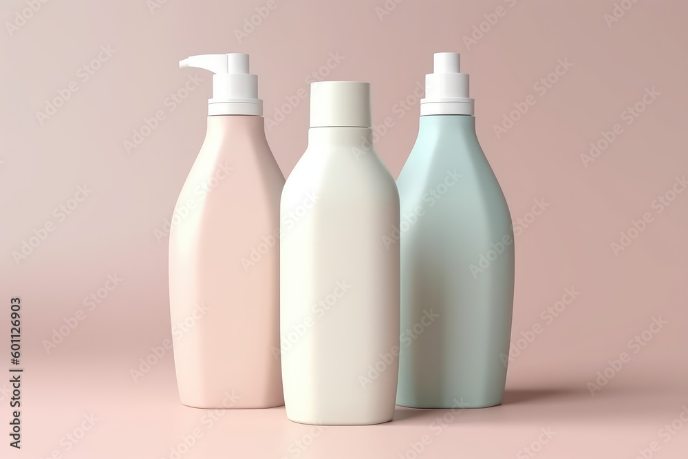 Mockup bottles for a cosmetic isolated on pink backdrop. Template for your design, space for packaging branding. Mockup of shower gel, shampoo, liquid soap. Generative AI professional photo imitation. Mockup bottles for a cosmetic isolated on pink backdrop. Template for your design, space for packaging branding. Mockup of shower gel, shampoo, liquid soap. Generative AI professional photo imitation.