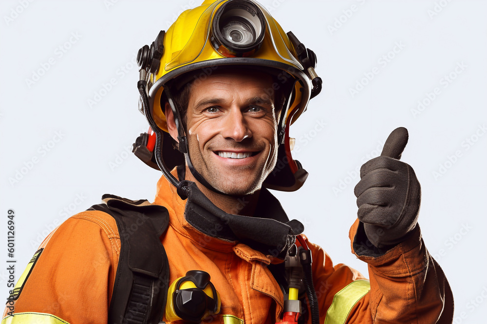 A good looking and smiling firefighter in uniform showing thumb up - ai generative