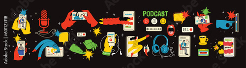 Concept of watching video online, podcast, talk show, tv application, live streaming. Hand holding smartphone with man with microphone on screen. Vector illustration in flat style