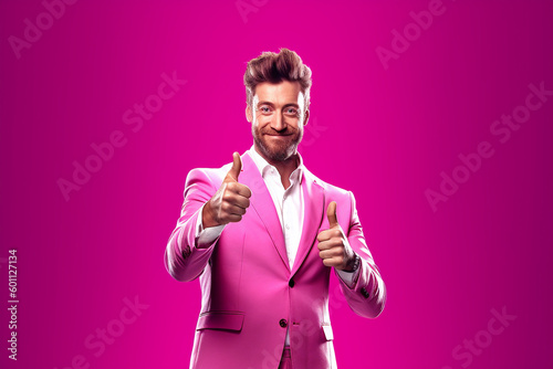 Smiling young man dressed in a flashy but elegant vivid pink suit having thumbs up - ai generative