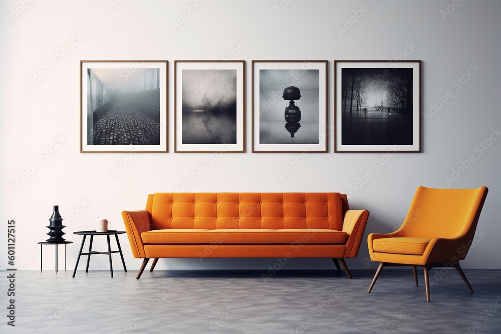 minimal design apartment, a wall with 4-5-6 and more picture frames, a modern living room, colorful furniture minimal design apartment, a wall with 4-5-6 and more picture frames, a modern living room, colorful furniture