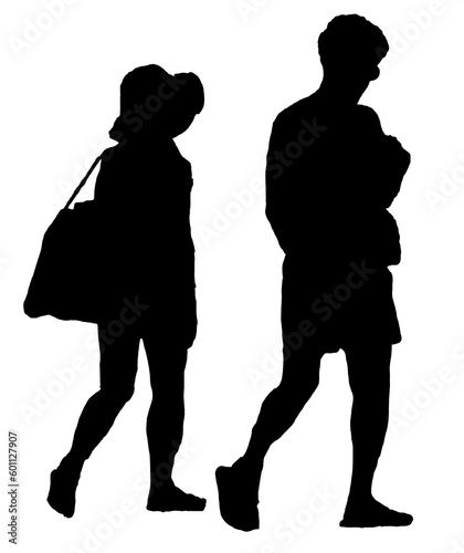 Young couple walking isolated silhouette