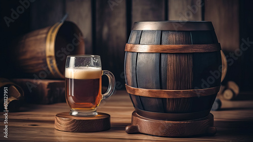 Wooden barrel and glass of beer on a table of wood. Ai generated