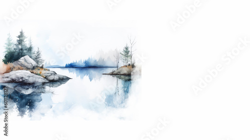 Lake in watercolor style, white banner design, Generative AI
