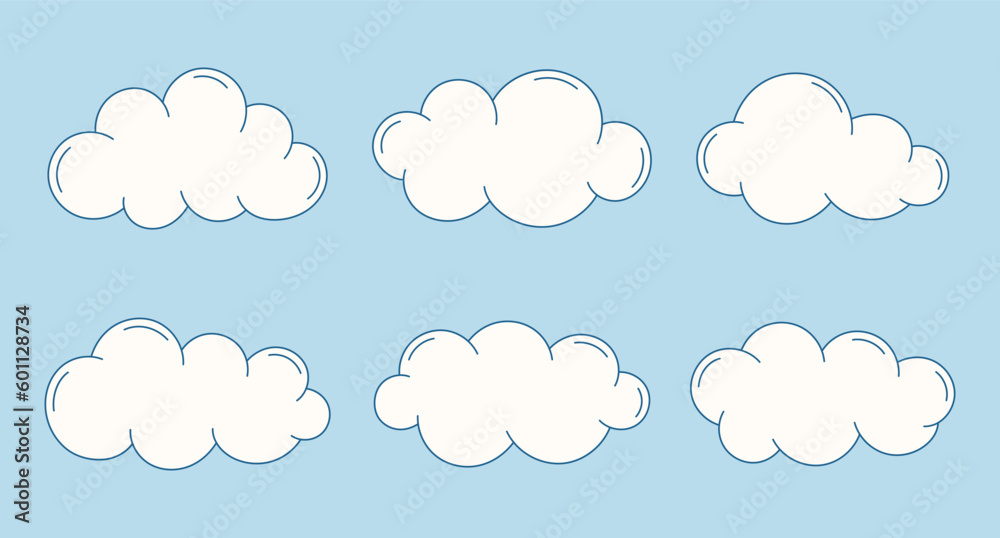 Set of simple cartoon clouds. Abstract white cloud symbols in flat style. Vector illustration