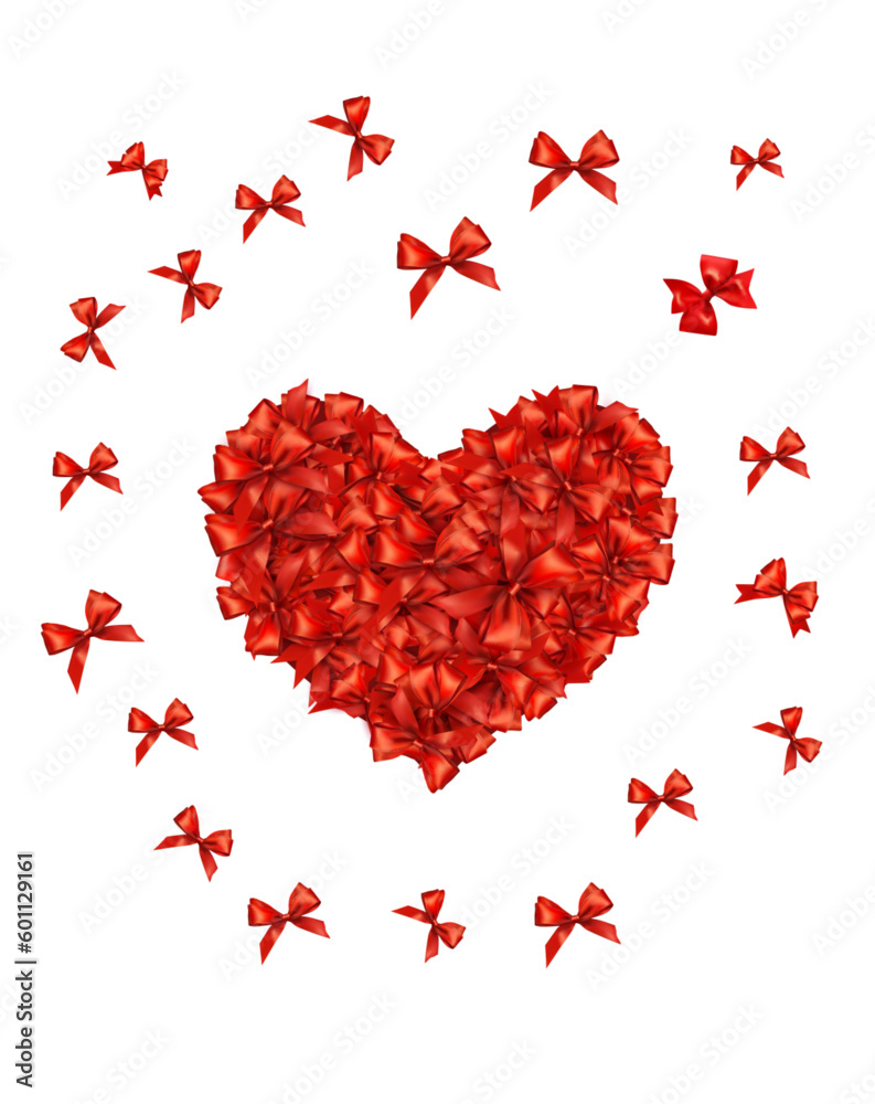 Festive card with beautiful red bows folded in the shape of a heart. Red bows collected in the shape of a heart. Gift sale concept. Vector.